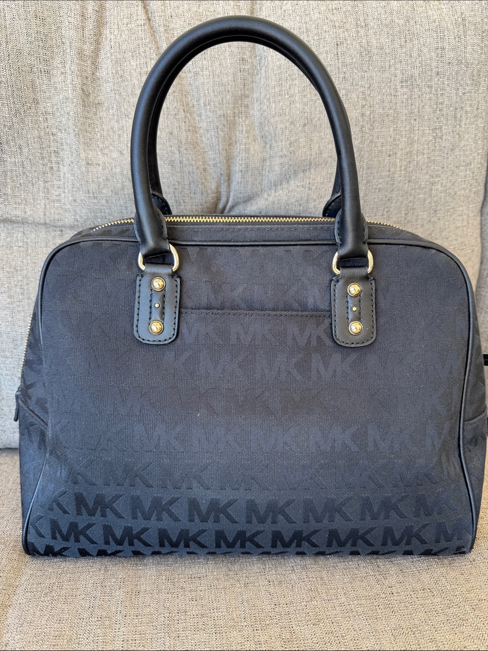 Michael Kors Black MK Monogram Satchel with Gold Hardware